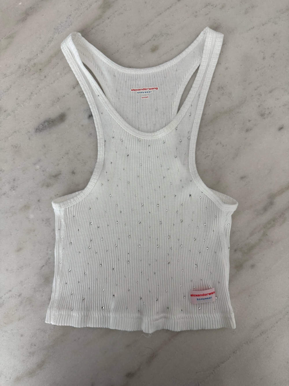 Alexander Wang White Ribbed Racerback Tank with Rhinestones - Picture 4 of 7
